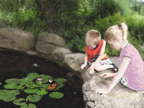 Children Outdoor Pond Lilly Pads Butterfly Stone Kids Impressionist Digital Oil Painting Canvas Print Wisconsin Poster featuring the painting Curiosity by Michael Malicoat