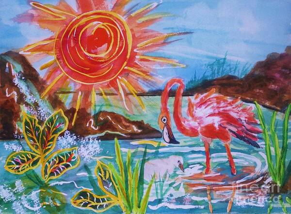 Pink Flamingo Poster featuring the painting Momma and Baby Flamingo Chillin In A Blue Lagoon by Ellen Levinson