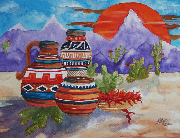 Desert Poster featuring the painting Painted Pots and Chili Peppers by Ellen Levinson
