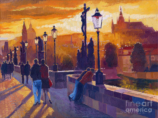 Oil On Canvas Poster featuring the painting Golden Prague Charles Bridge Sunset by Yuriy Shevchuk