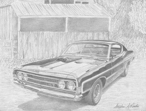 Rooks10904 Drawings Poster featuring the drawing 1969 Ford Torino GT MUSCLE CAR ART PRINT by Stephen Rooks