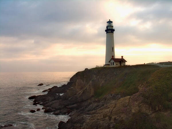 Landscape Poster featuring the photograph Lighthouse on the Cliff Pigeon Point California by George Oze