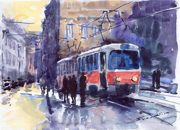 Cityscape Poster featuring the painting Prague Tram 02 by Yuriy Shevchuk