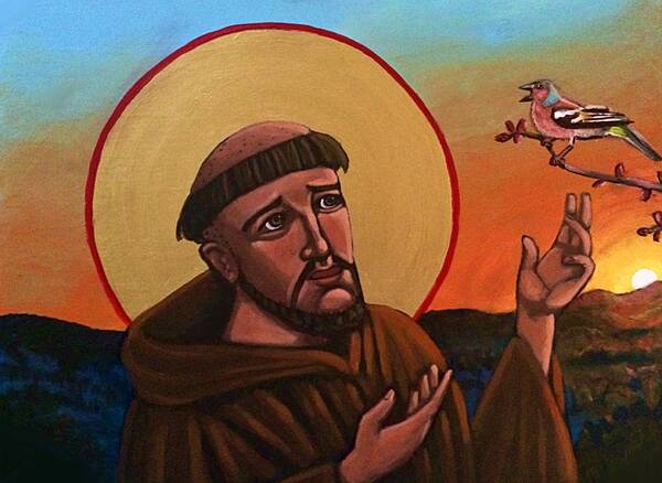 Saint Poster featuring the painting A Bird Preaches to Francis by Kelly Latimore