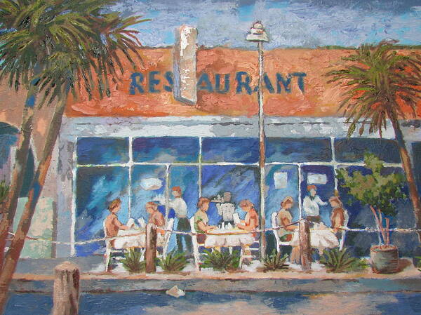Tarpon Springs Florida Poster featuring the painting Florida Dining Out by Tony Caviston