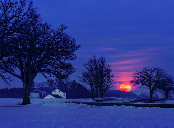 Moonrise Poster featuring the photograph Wisconsin Snow Moon - Winter moonrise over farm by Peter Herman