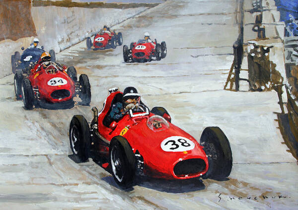 Acrylic On Paper Poster featuring the painting 1958 Monaco GP by Yuriy Shevchuk