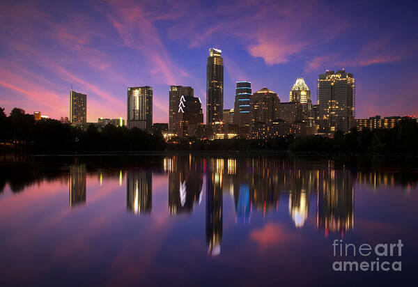 Skyline Austin; Austin Skyline; Austin Texas; Sunsets Austin; Sunsets; Beautiful Sunset Photographs; Randy Smith; Campus Art Prints Poster featuring the photograph Evening Blue Austin by Randy Smith