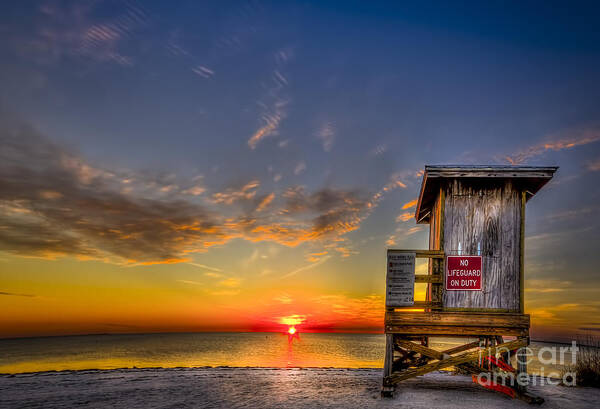 Gulf Of Mexico Sunset Poster featuring the photograph No Life Guard On Duty by Marvin Spates