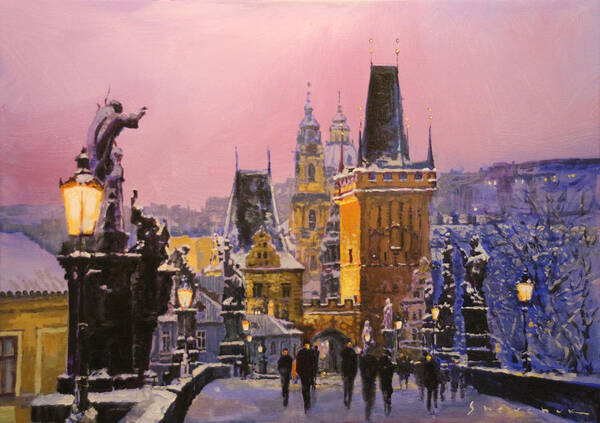 Acrilic Poster featuring the painting Prague Charles Bridge Winter Evening by Yuriy Shevchuk