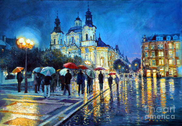 Acrilic Poster featuring the painting Prague Old Town Square view of street Parizska and St.Nicolas church by Yuriy Shevchuk