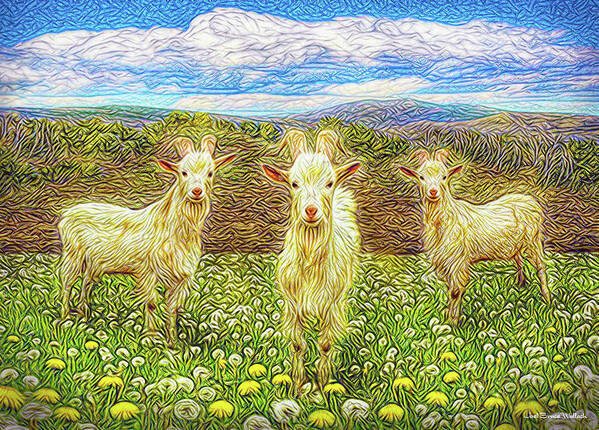 Joelbrucewallach Poster featuring the digital art Goats In The Dandelions by Joel Bruce Wallach