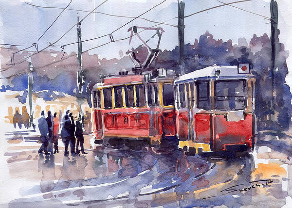 Cityscape Poster featuring the painting Prague Old Tram 01 by Yuriy Shevchuk