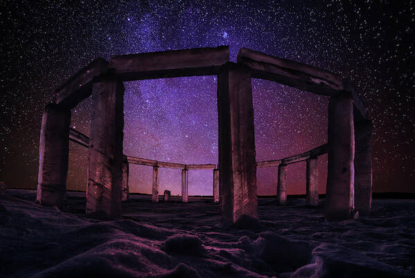 Icehenge Stonehenge Ice Crystal Translucent Mystical Mythical Ancient Sorcerer Druid Celt Solstice Lake Ice Wi Wisconsin Astroscape Nightscape Stars Milky Way Orion Winter Snow Purple Magic Astronomy Nebula Pleiades Poster featuring the photograph IceHenge #5 - Stonehenge made of ICE on Rock Lake at Lake Mills WI - astroscape by Peter Herman