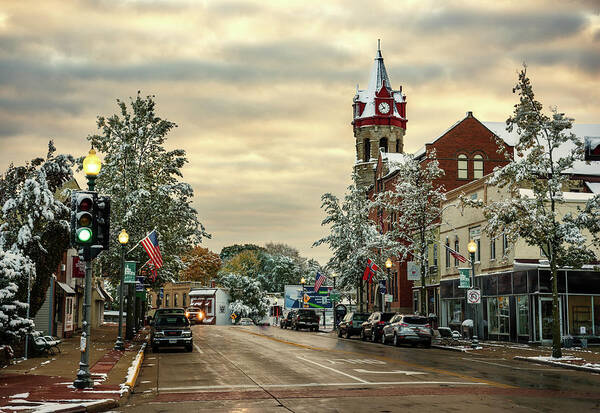 Stoughton Poster featuring the photograph Beautiful Bedazzled Burg - Stoughton Wisconsin dusted with snow with fall colors still showing by Peter Herman