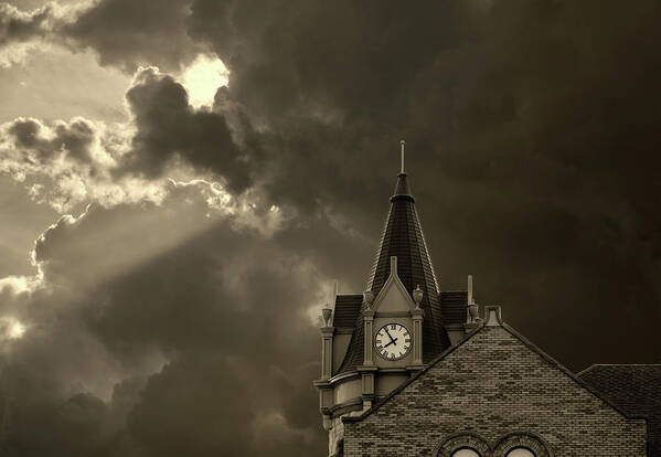 Stoughton Poster featuring the photograph Five til Eight - Stoughton Opera House and clock tower with a stormy sky by Peter Herman