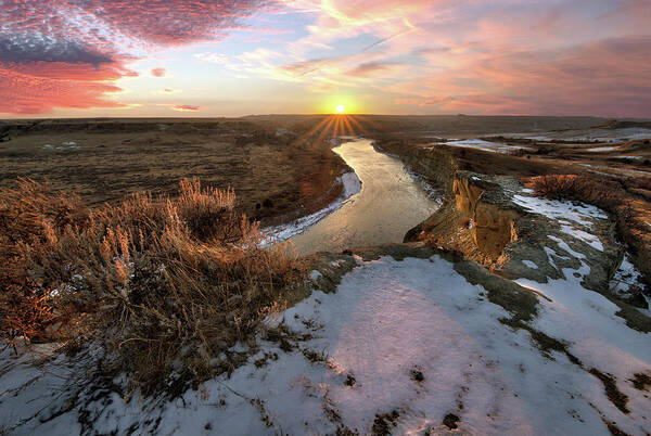 Badlands Poster featuring the photograph Flowing to the Sun 2 - Sunset Panorama of Little Missouri at Wind Canyon- Badlands National Park ND by Peter Herman