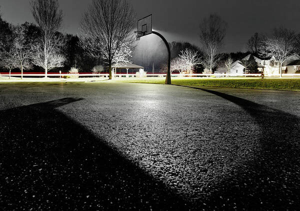 Basketball Poster featuring the photograph ShadowBall - basketball hoop in Stoughton WI casts interesting shadow on asphalt by Peter Herman
