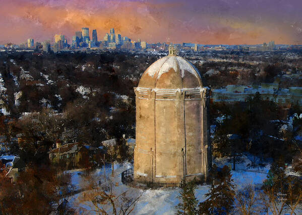 Minneapolis Poster featuring the digital art Washburn Water Tower at Sunset by Glenn Galen