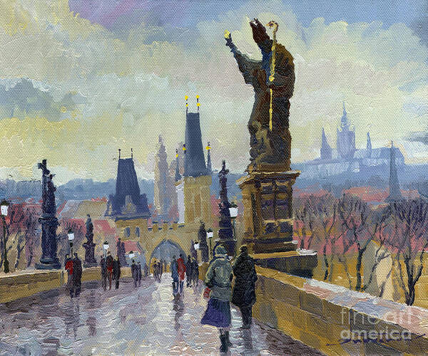 Oil On Canvas Poster featuring the painting Prague Charles Bridge 04 by Yuriy Shevchuk