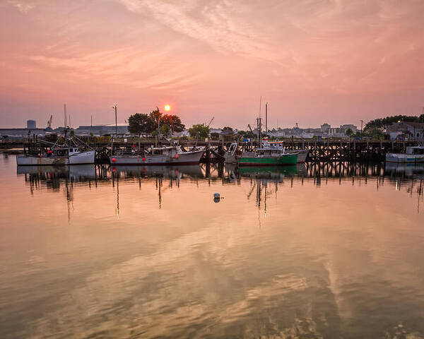 Early Morning Poster featuring the photograph Hazy Sunrise Over The Commercial Pier Portsmouth NH by Jeff Sinon