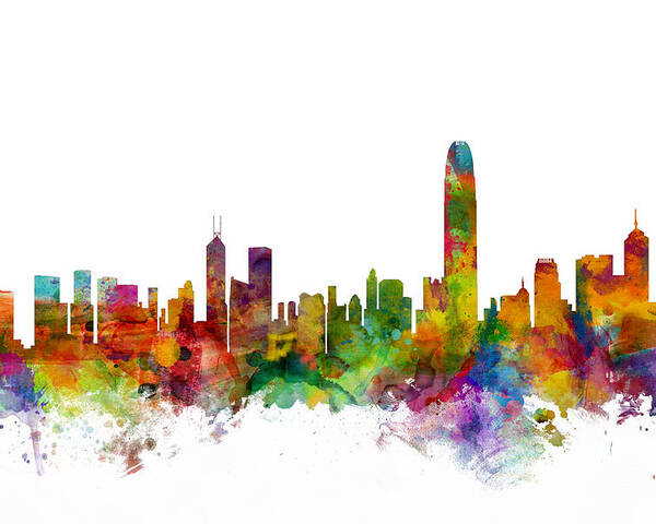 Watercolour Poster featuring the digital art Hong Kong Skyline by Michael Tompsett
