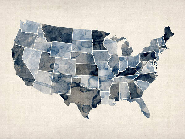 United States Map Poster featuring the digital art United States Watercolor Map by Michael Tompsett
