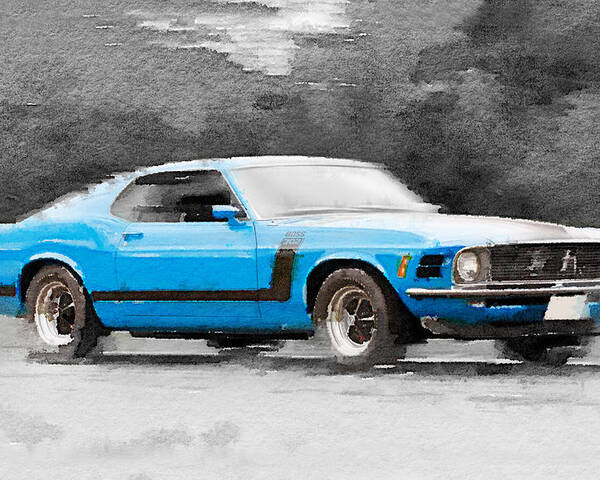 1970 Ford Mustang Boss Poster featuring the painting 1970 Ford Mustang Boss Blue Watercolor by Naxart Studio