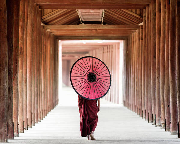 Buddhist Monk Walking Along Temple Poster by Martin Puddy 