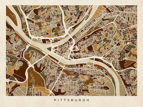 Street Map Poster featuring the digital art Pittsburgh Pennsylvania Street Map by Michael Tompsett