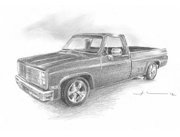 <a Href=http://miketheuer.com Target =_blank>www.miketheuer.com</a> Poster featuring the drawing 86 Chevy Truck Pencil Portrait by Mike Theuer
