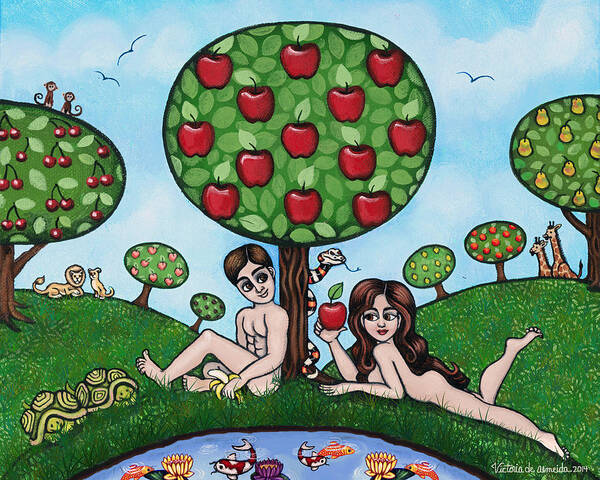 Adam And Eve Poster featuring the painting Adam and Eve The Naked Truth by Victoria De Almeida