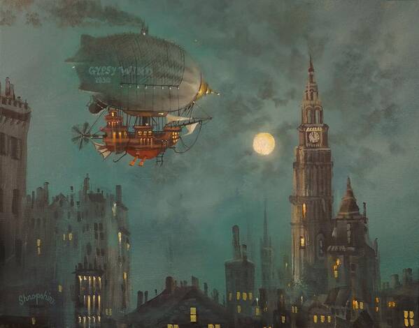 Airship Poster featuring the painting Airship by Moonlight by Tom Shropshire