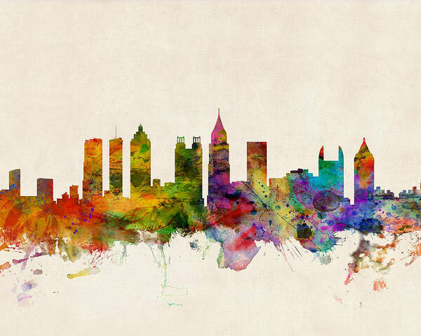 Watercolour Poster featuring the digital art Atlanta Georgia Skyline by Michael Tompsett