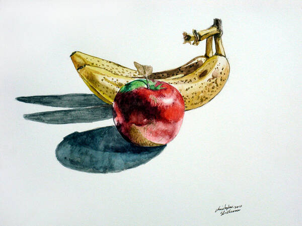 Banana Poster featuring the painting Bananas and an Apple by Christopher Shellhammer