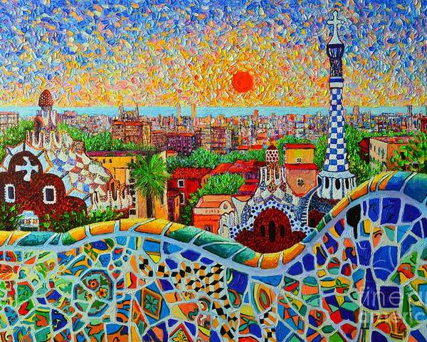 Barcelona Poster featuring the painting Barcelona View At Sunrise - Park Guell Of Gaudi by Ana Maria Edulescu