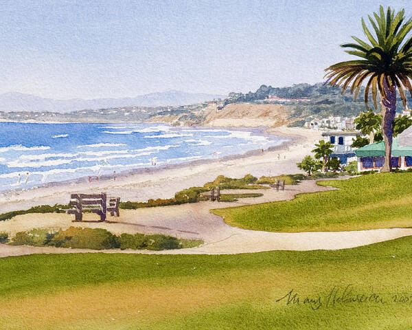 Pacific Poster featuring the painting Bench at Powerhouse Beach Del Mar by Mary Helmreich