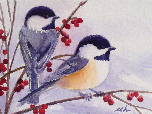Birds Poster featuring the painting Black-capped Chickadees by Janet Zeh