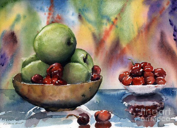Apples And Cherries Poster featuring the painting Apples in a Wooden Bowl With Cherries on the Side by Maria Hunt