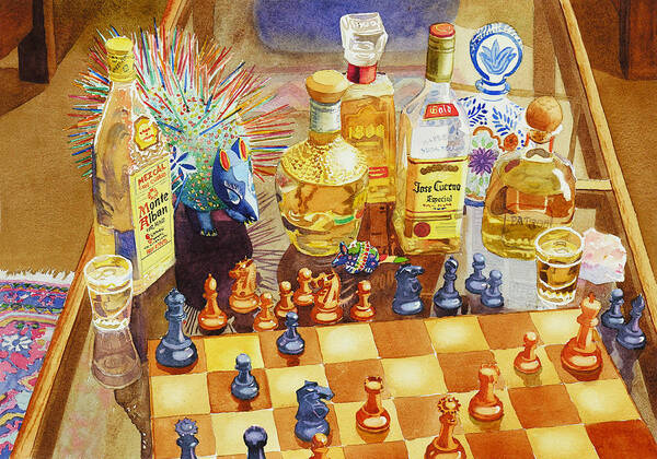 Tequila Poster featuring the painting Chess and Tequila by Mary Helmreich