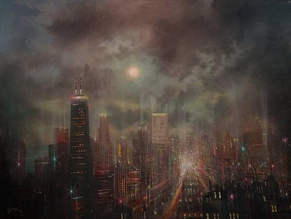  Chicago Poster featuring the painting Chicago Moon by Tom Shropshire