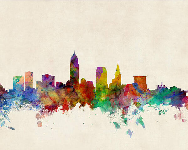 Watercolour Poster featuring the digital art Cleveland Ohio Skyline by Michael Tompsett