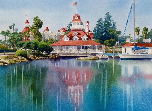 San Diego Poster featuring the painting Coronado Boathouse Reflected by Mary Helmreich