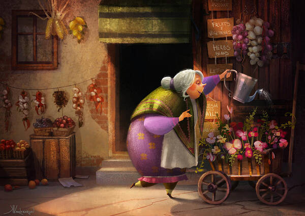Flower Shop Poster featuring the painting Cute Village Flower Shop by Kristina Vardazaryan