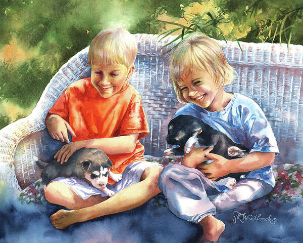 Children Poster featuring the painting Dakotas Puppies by Jill Westbrook