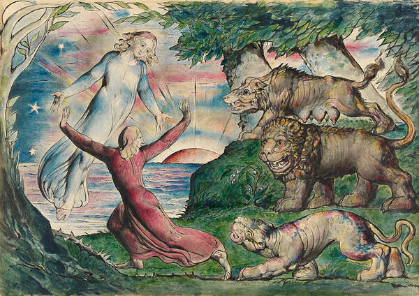 William Blake Poster featuring the painting Dante running from the three beasts by William Blake