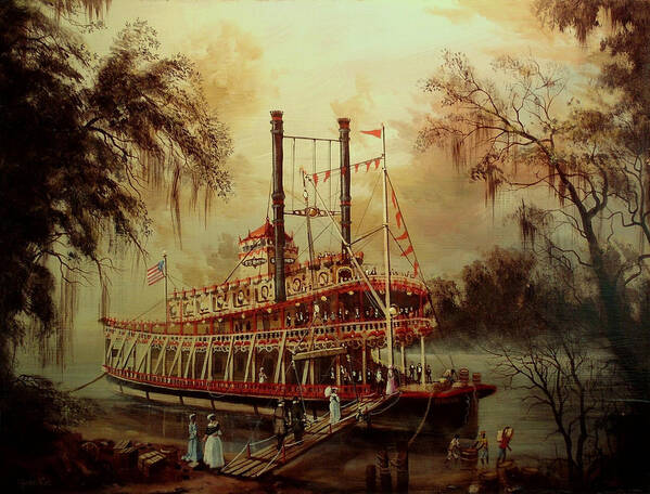 Riverboat Poster featuring the painting Daybreak on the River by Tom Shropshire