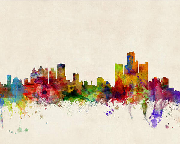 Watercolour Poster featuring the digital art Detroit Michigan Skyline by Michael Tompsett