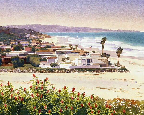 Beach Poster featuring the painting Dog Beach Del Mar by Mary Helmreich
