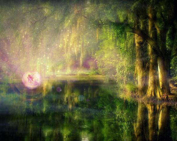 Fairy Poster featuring the digital art Fairy in Pink bubble in Serenity Forest by Lilia D
